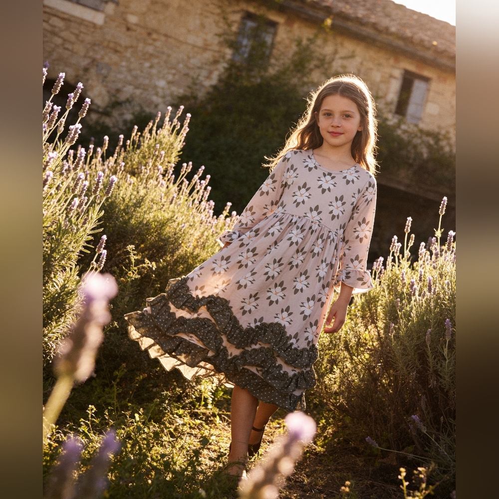 Adorable Sweetness Sage Polk A Dot And Flower 3 Ruffle Dress